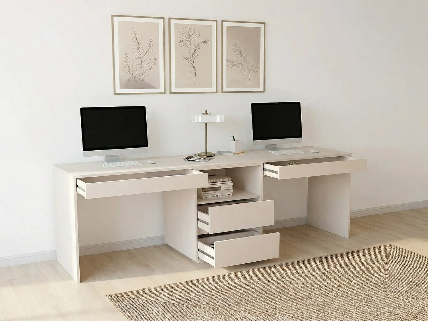 Bureau double avec rangements - Beige - DUOPARY