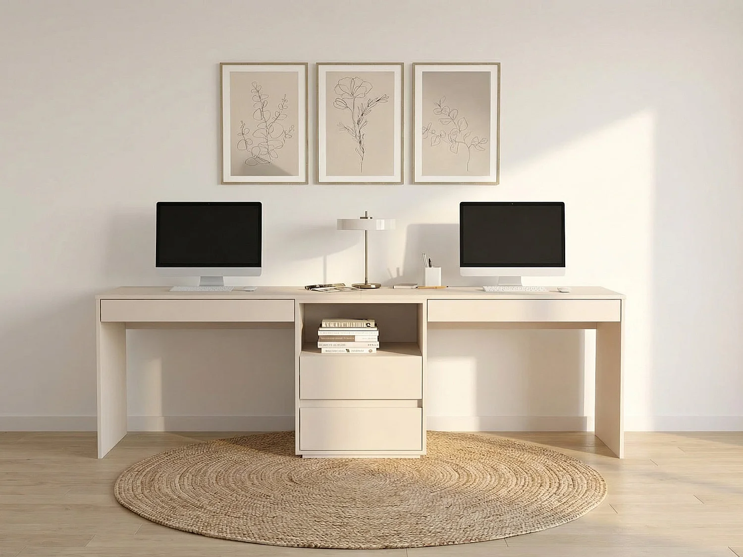 Bureau double avec rangements - Beige - DUOPARY