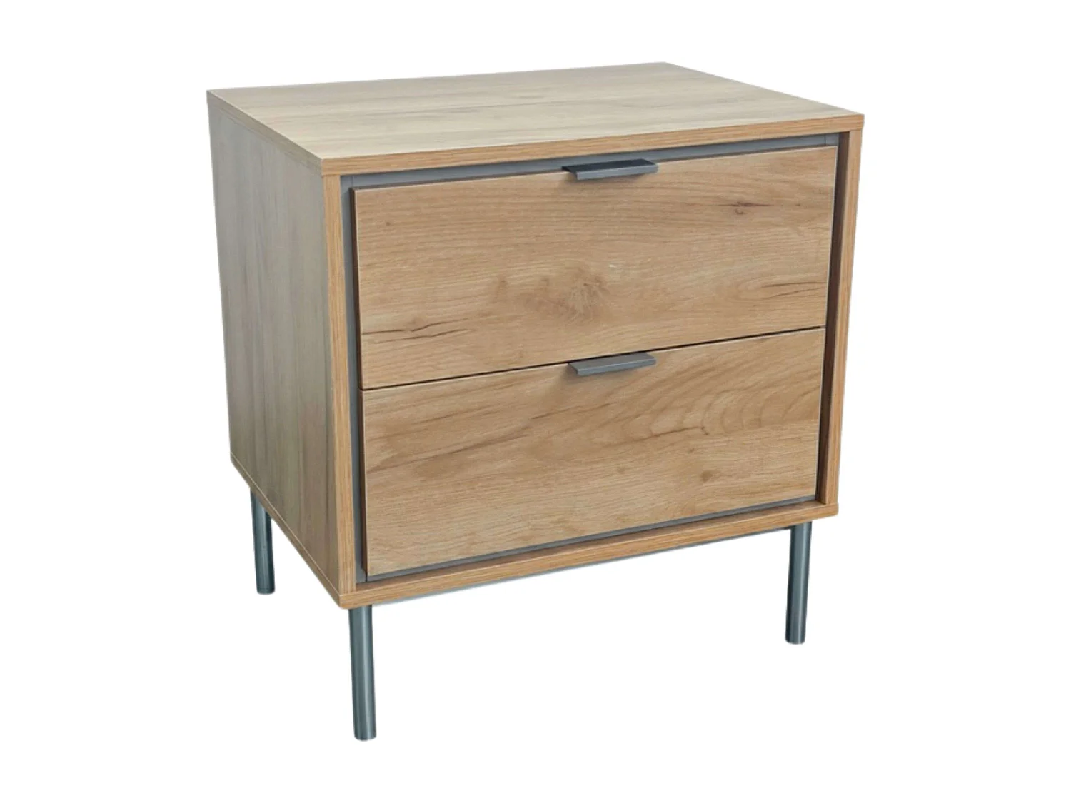Mesa de cabeceira Sforza com 2 gavetas, em melamina de carvalho natural, 56x53x39,5 cm
