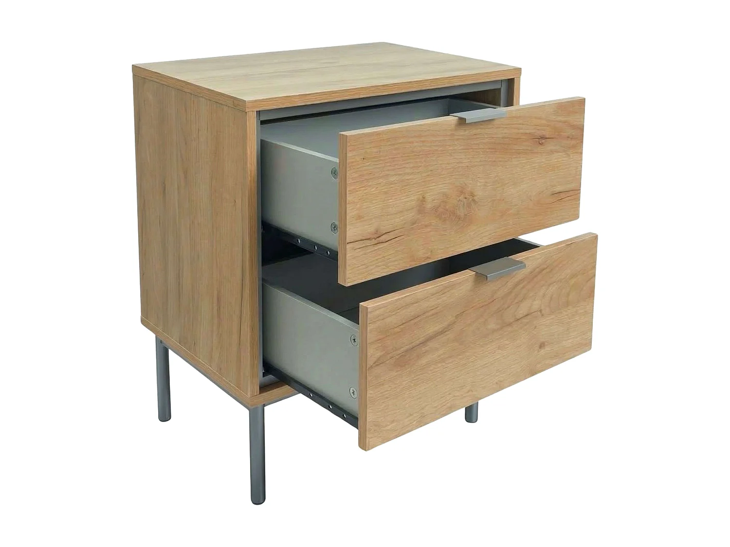 Mesa de cabeceira Sforza com 2 gavetas, em melamina de carvalho natural, 56x53x39,5 cm