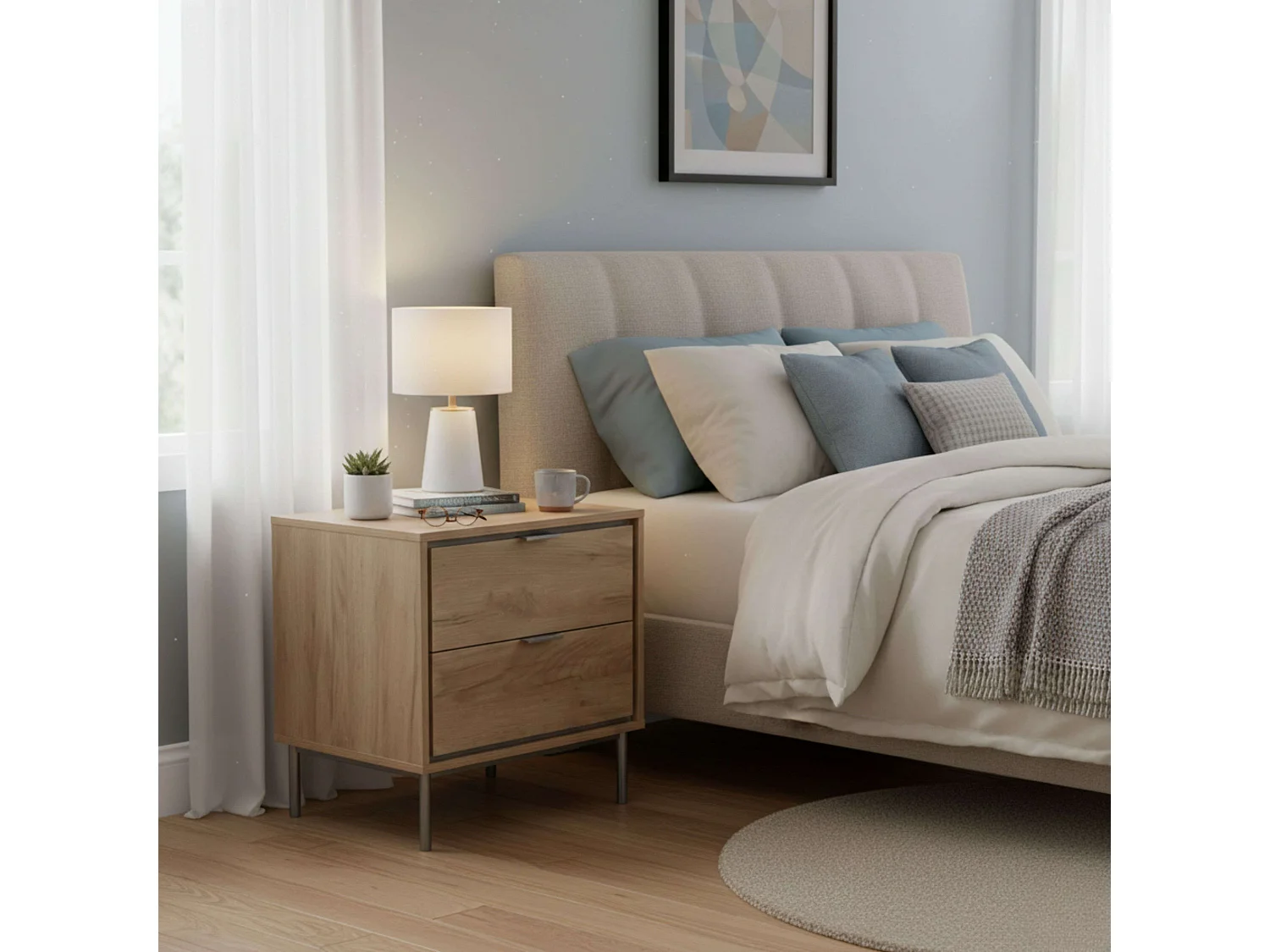 Mesa de cabeceira Sforza com 2 gavetas, em melamina de carvalho natural, 56x53x39,5 cm