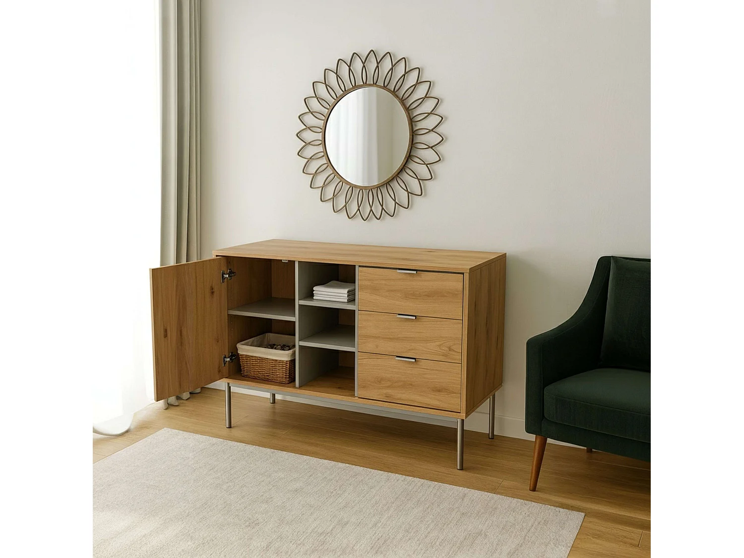 Aparador Sforza para sala de estar/jantar com 3 gavetas e corrediças metálicas, 75x120x39,5 cm