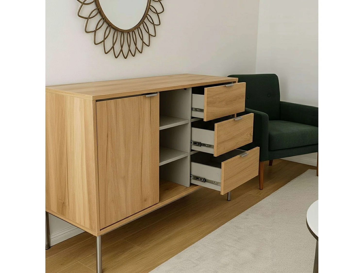 Aparador Sforza para sala de estar/jantar com 3 gavetas e corrediças metálicas, 75x120x39,5 cm
