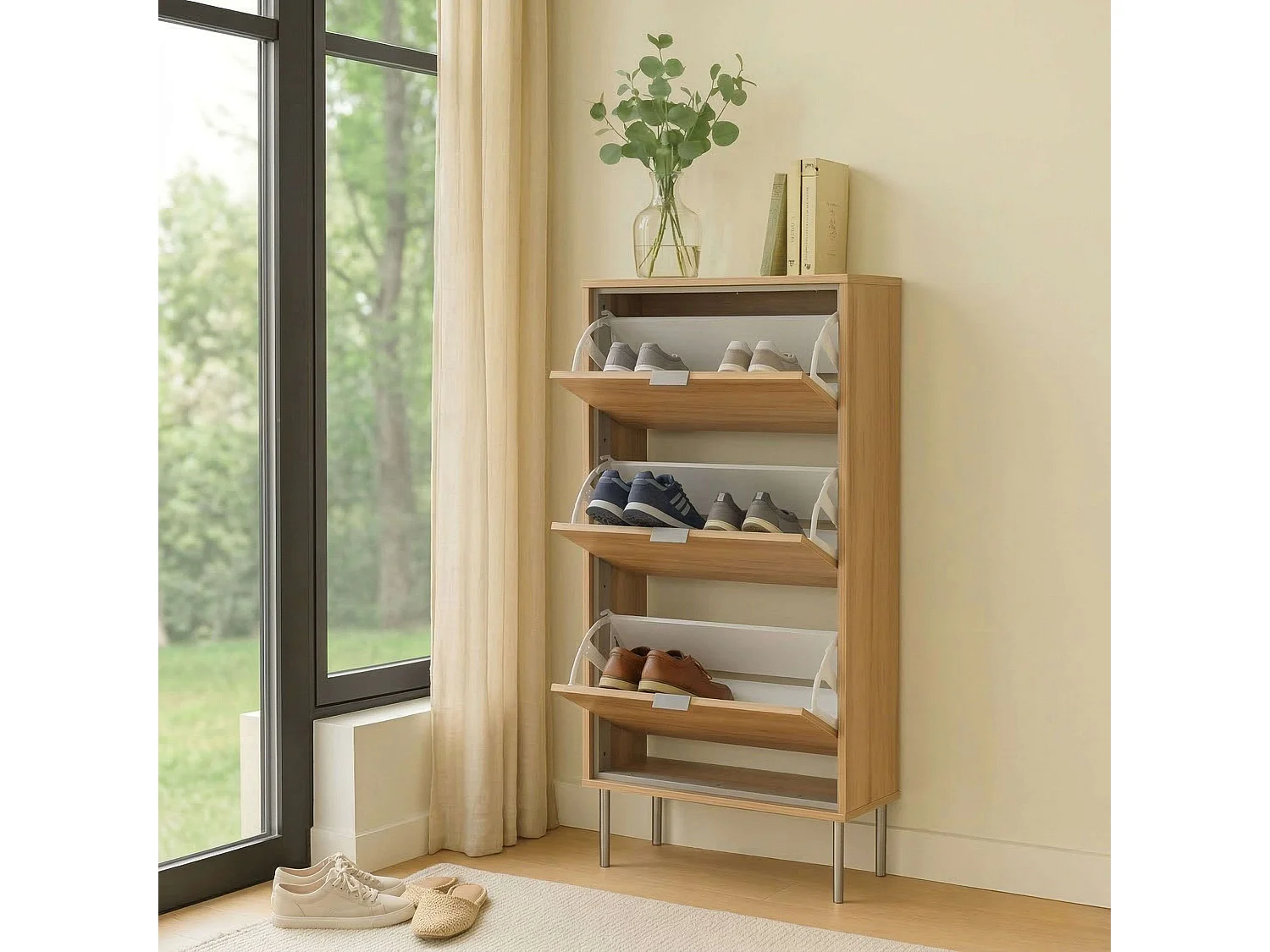 Zapatero Sforza melamina recibidor 3 puertas roble natural 110x63x23,5 cm