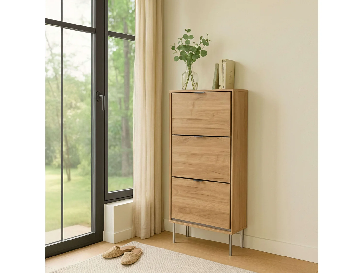 Zapatero Sforza melamina recibidor 3 puertas roble natural 110x63x23,5 cm