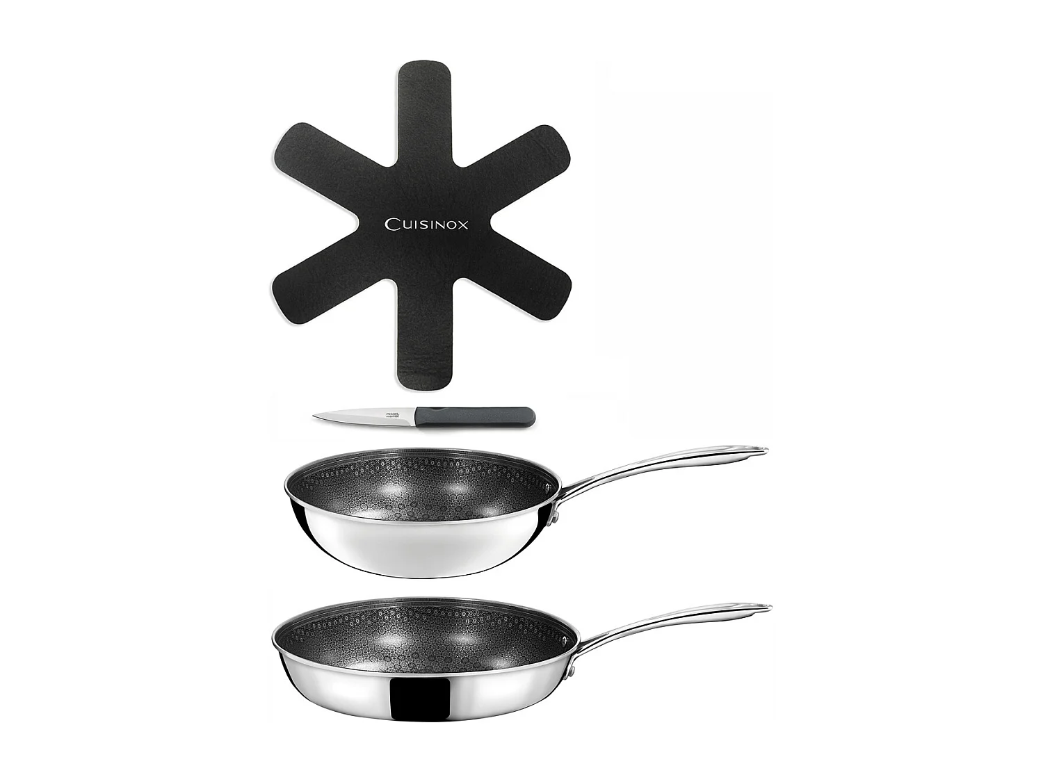 Virtuo - 1 wok 24cm, 1 poêle 28cm, 1 feutrine 28cm, 1 couteau d'office gris