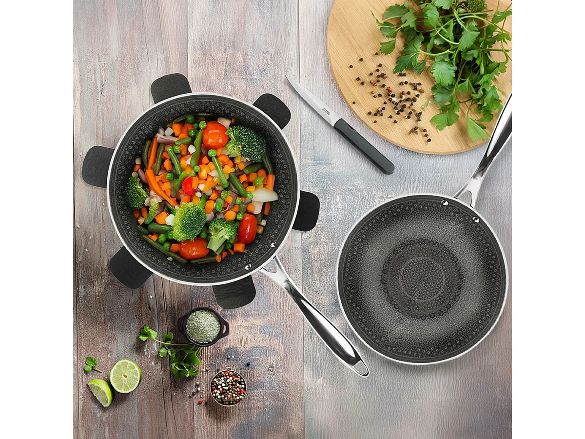 Virtuo - 1 wok 24cm, 1 poêle 28cm, 1 feutrine 28cm, 1 couteau d'office gris