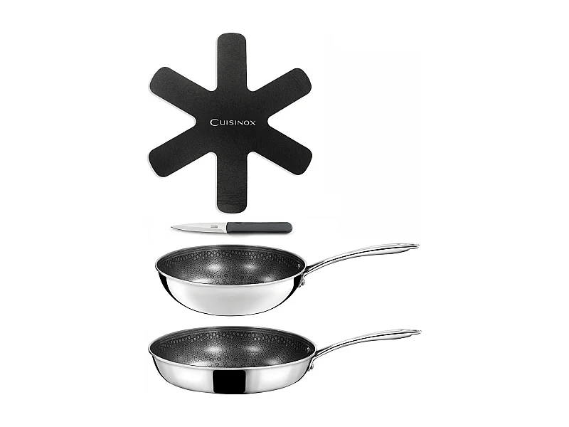Virtuo - 1 wok 24cm, 1 poêle 28cm, 1 feutrine 28cm, 1 couteau d'office gris