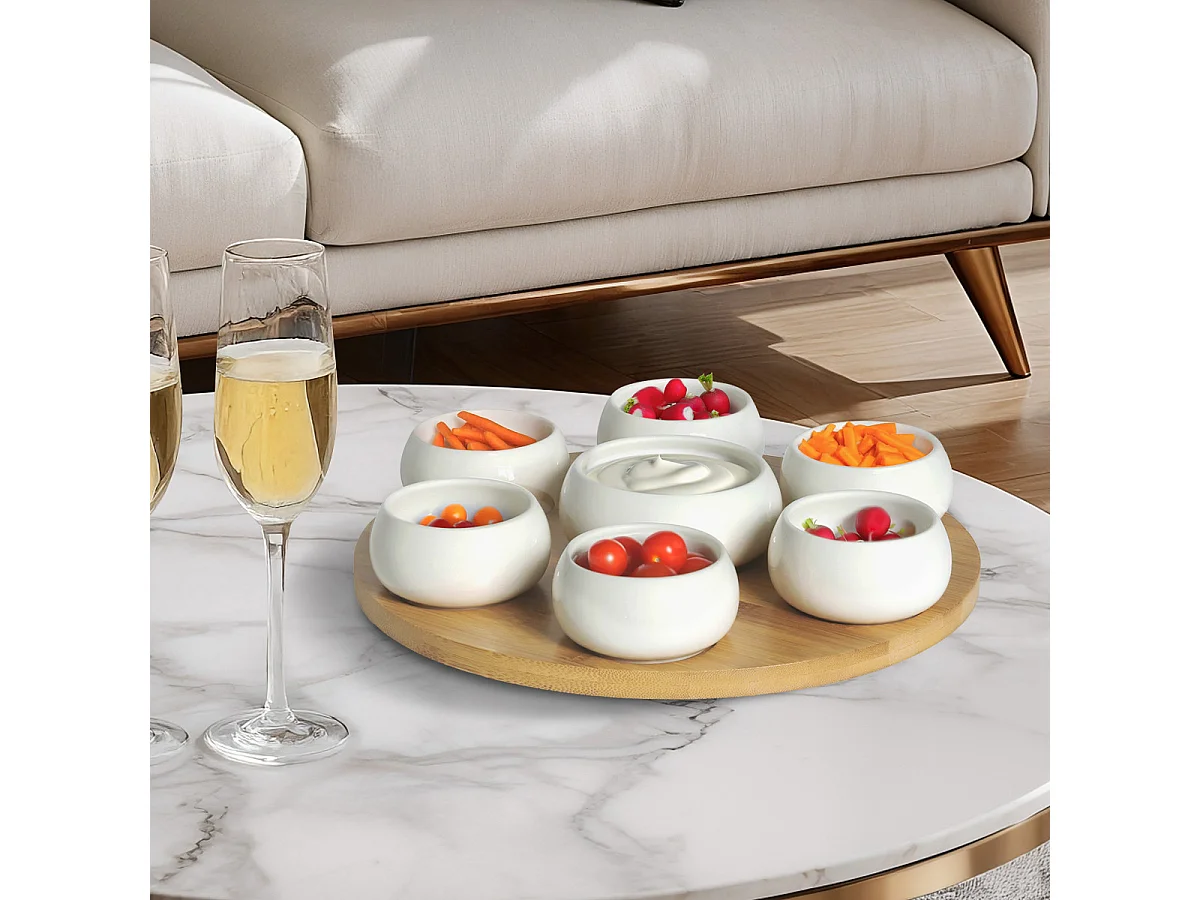 Tapas - Set 7 coupelles apéritives en céramique avec plateau en bambou tournant