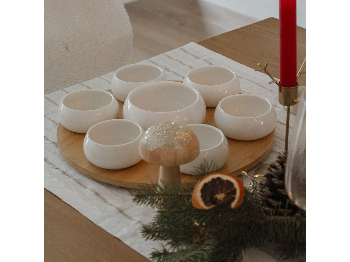 Tapas - Set 7 coupelles apéritives en céramique avec plateau en bambou tournant