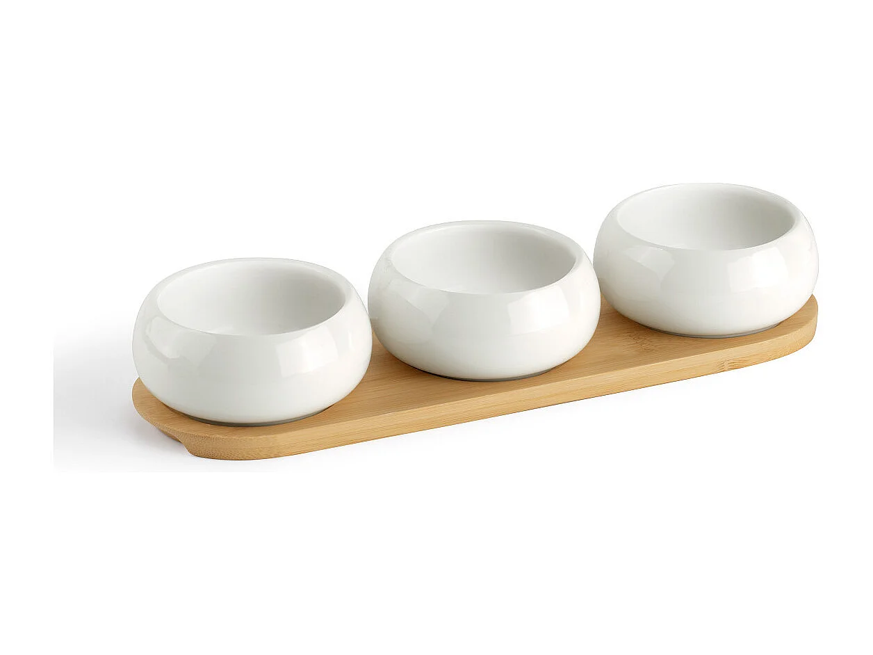 Tapas - Set de 3 coupelles apéritives en céramique avec plateau en bambou