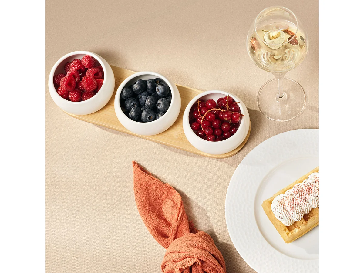 Tapas - Set de 3 coupelles apéritives en céramique avec plateau en bambou