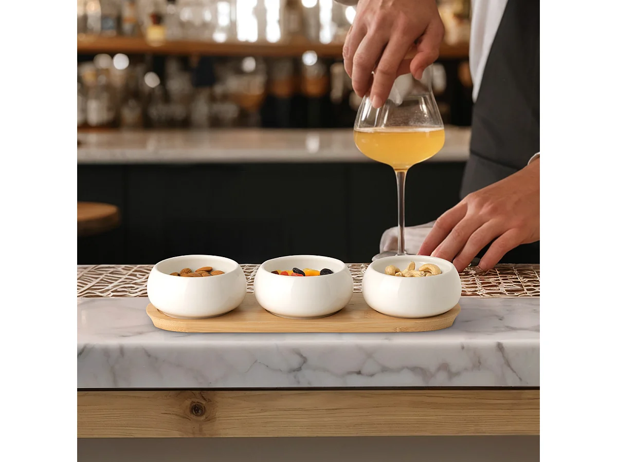 Tapas - Set de 3 coupelles apéritives en céramique avec plateau en bambou