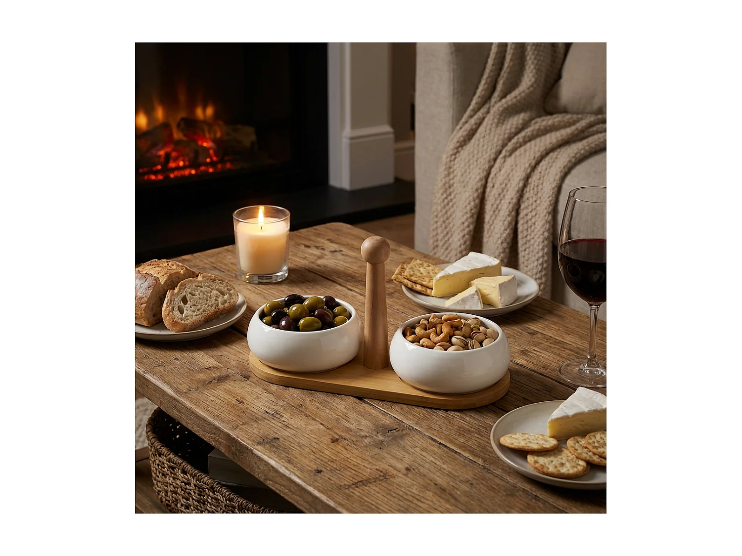 Tapas - Set de 2 coupelles apéritives en céramique avec plateau en bambou