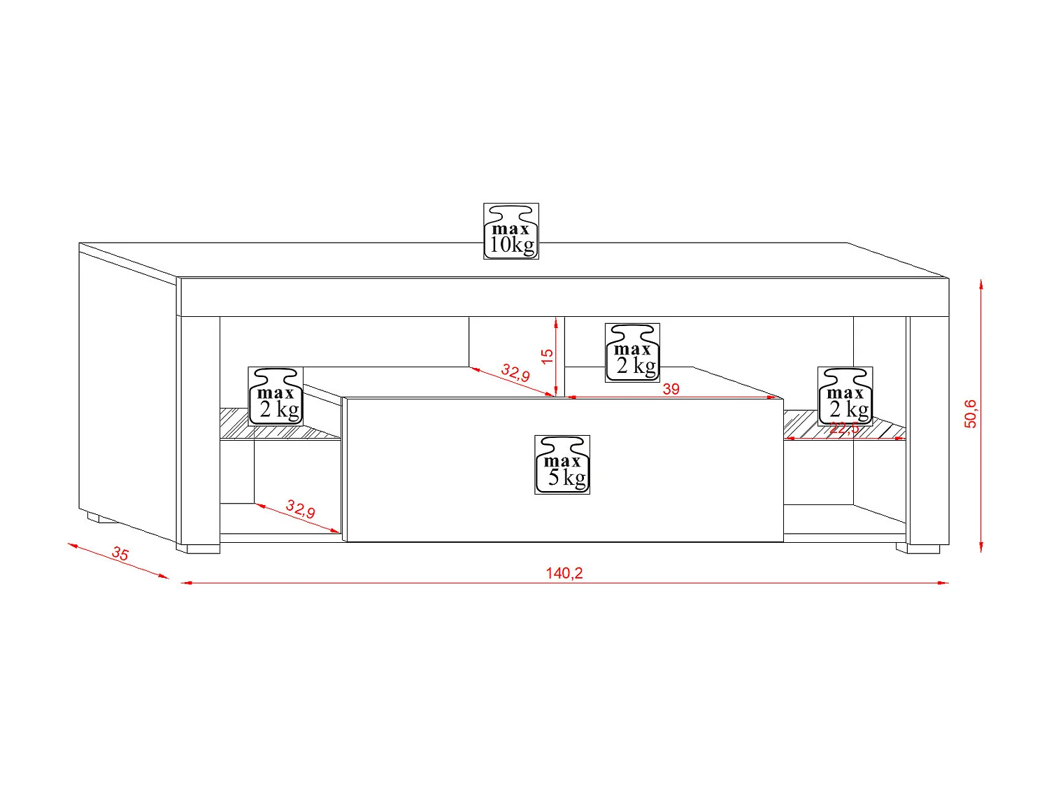 Meuble TV EVEREST coloris chêne 140x35x50 cm-Beige-Beige-140 --