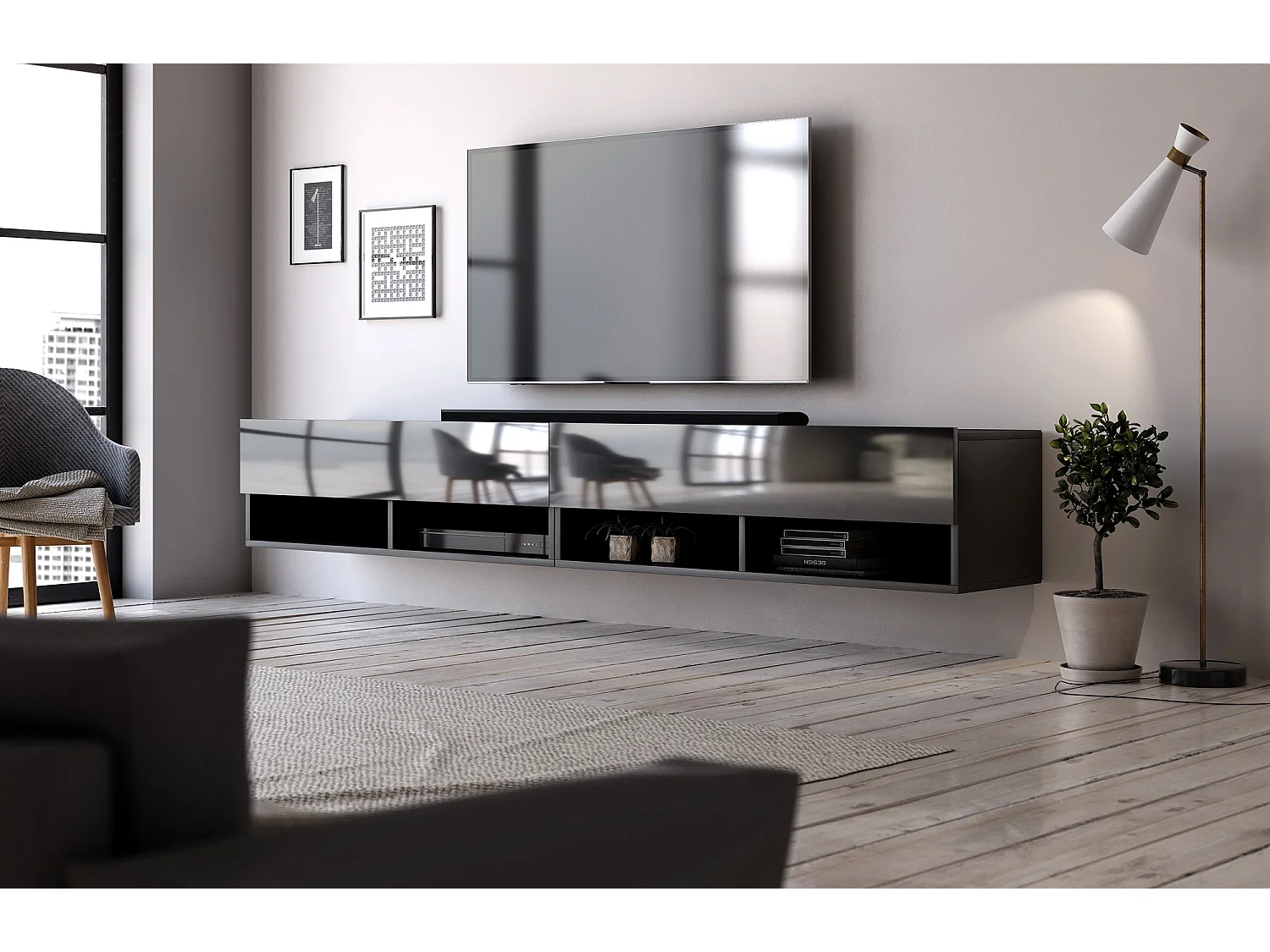 Armoire murale pour téléviseur mural Derby 280 noir / noir brillant