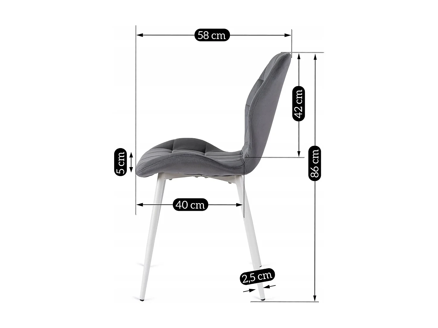 Chaise LUCKY Grise avec Pieds Blancs en Velours