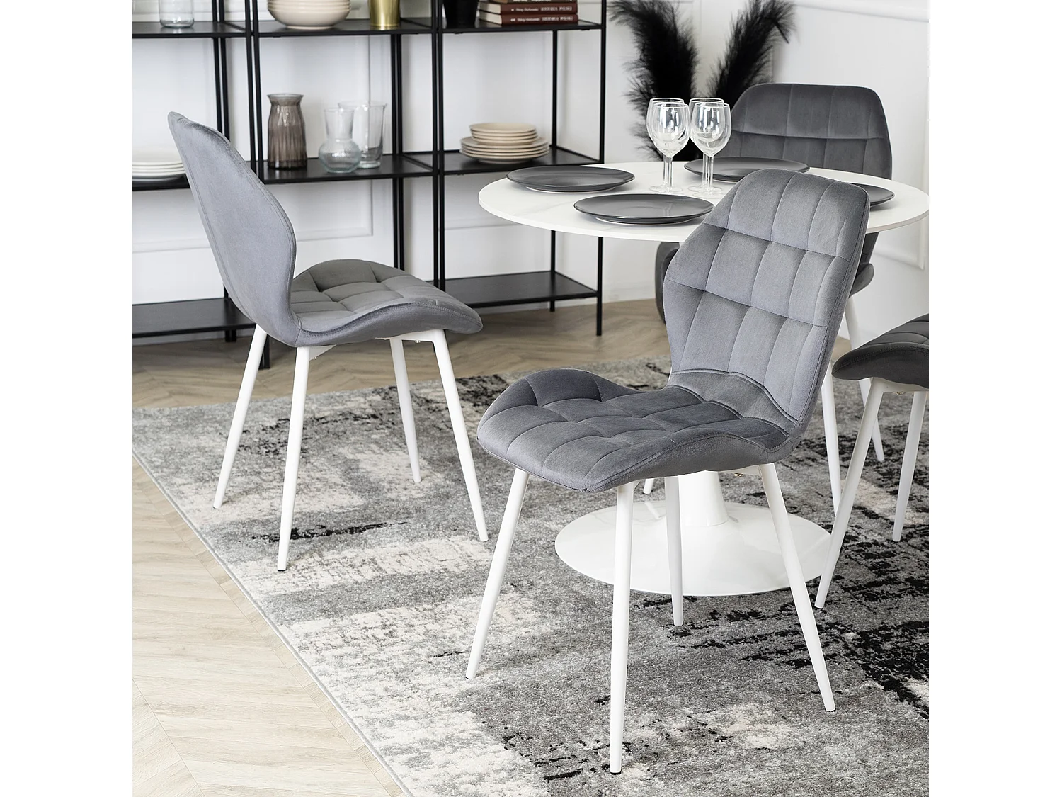 LUCKY Dining Chair Grey with White Legs Velour