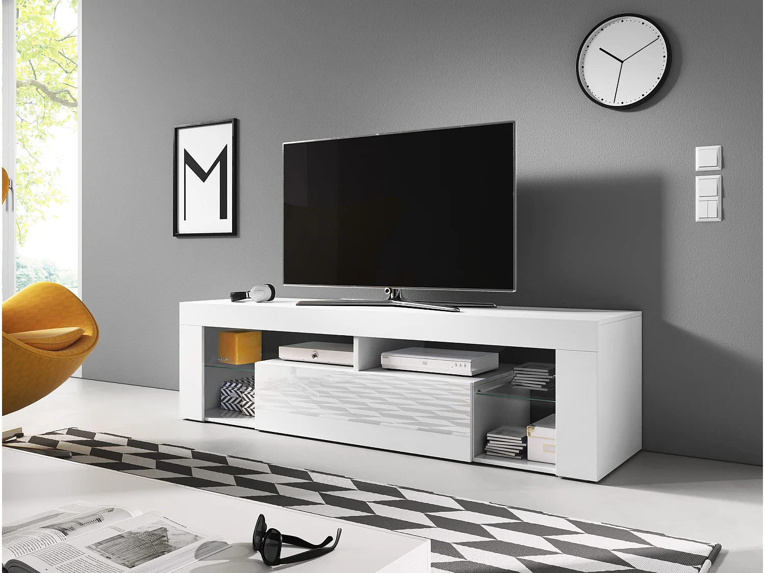 Armoire murale pour télévision au sol Eeverest 140 blanc / blanc brillant