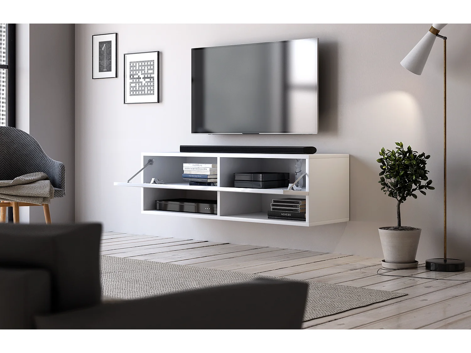 Mueble de pared para televisor Derby 100 colgado en blanco / blanco brillante