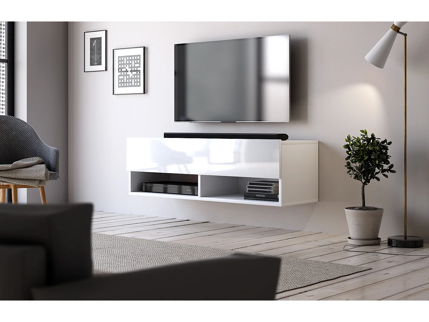 Mueble de pared para televisor Derby 100 colgado en blanco / blanco brillante