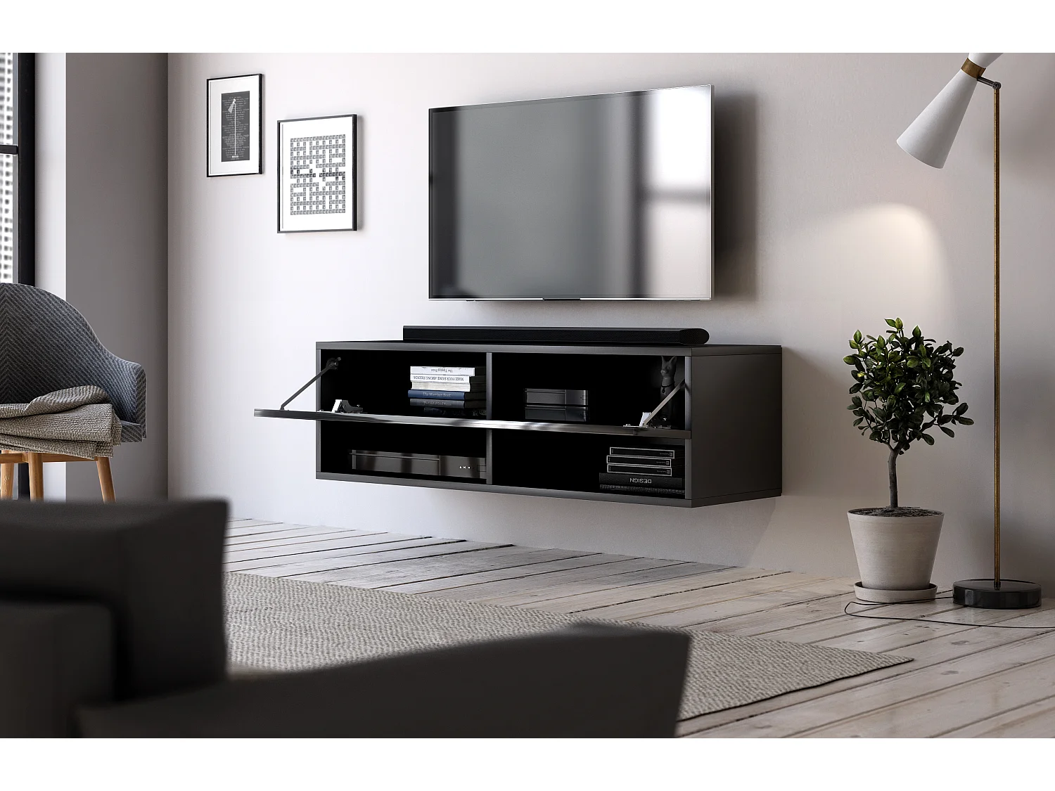 Armoire murale pour téléviseur mural Derby 100 noir / noir brillant