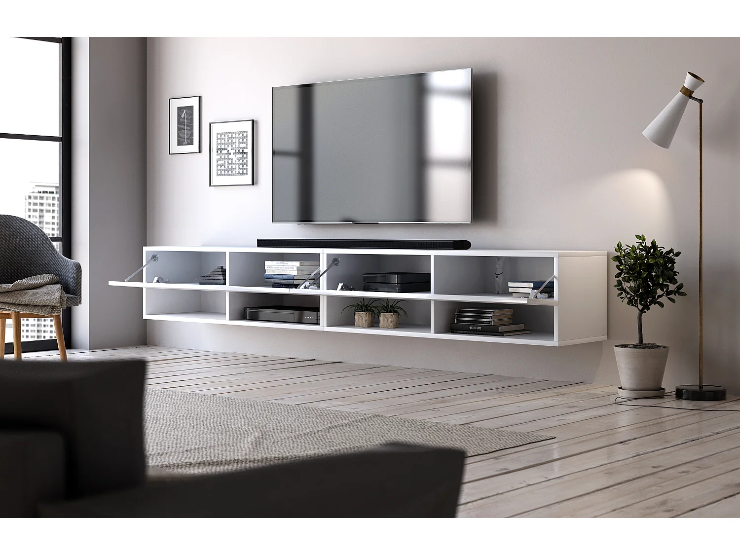 Armoire murale pour téléviseur suspendu Derby 280 wotan chêne / blanc brillant