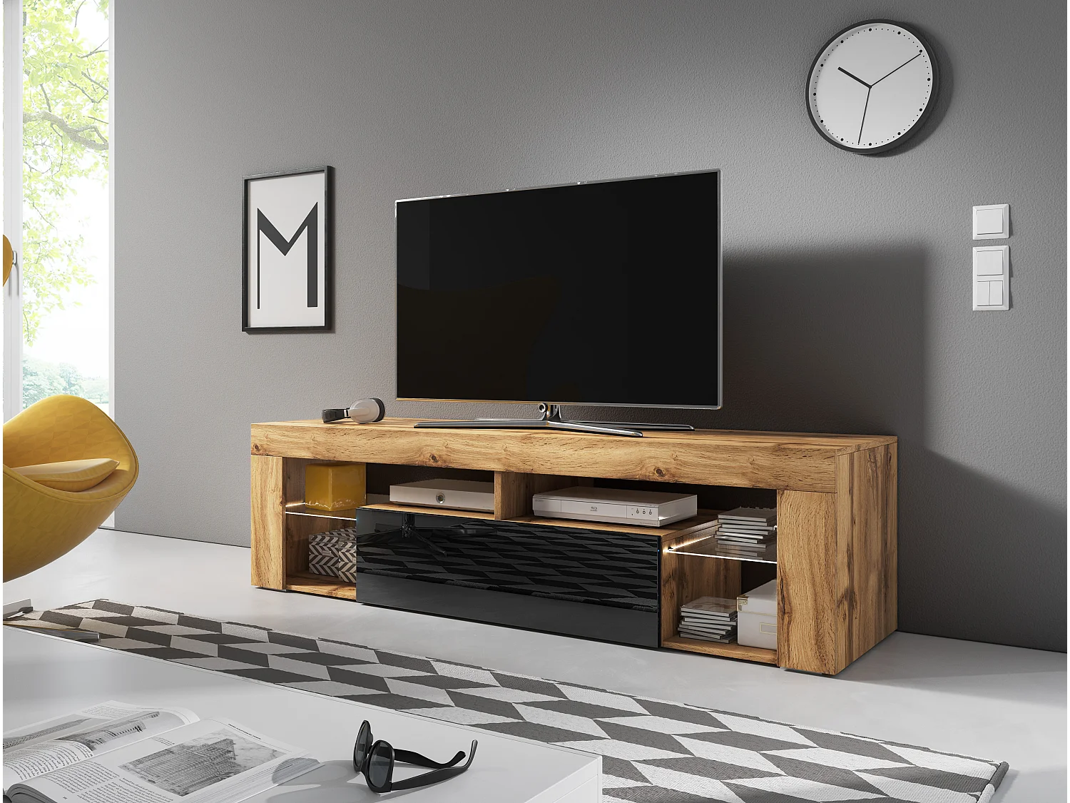 Armoire murale pour TV au sol Eeverest 140 wotan chêne / noir brillant avec éclairage LED