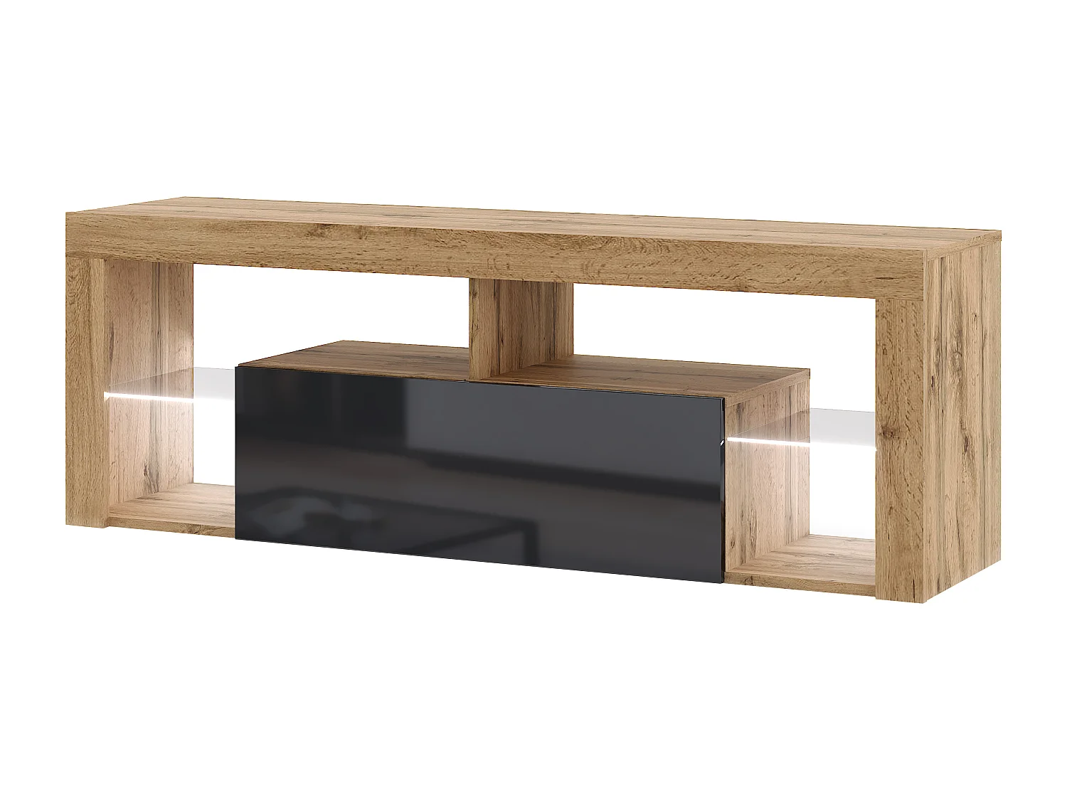 Armoire murale pour TV au sol Eeverest 140 wotan chêne / noir brillant avec éclairage LED