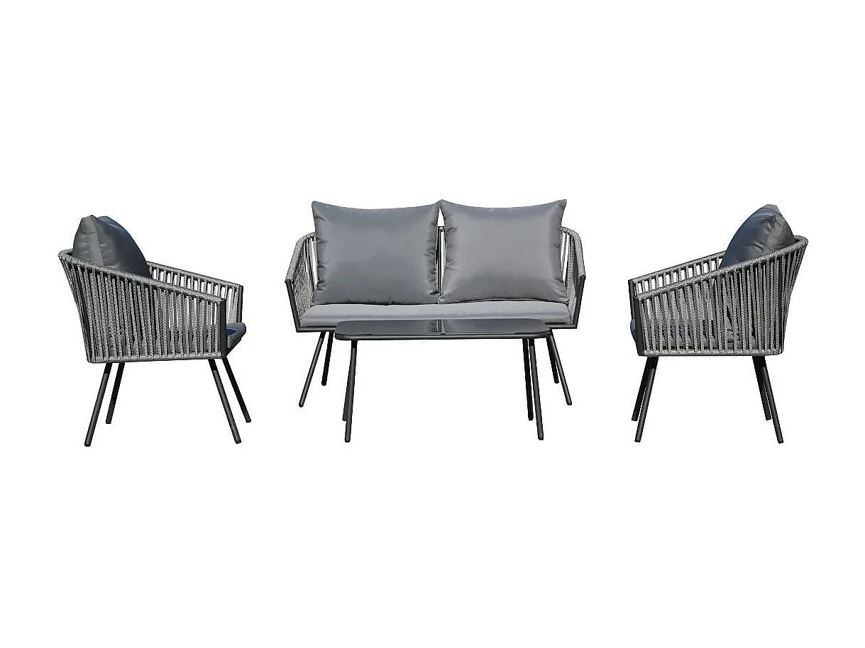 Conjunto de jardín Torino sofá doble + 2 sillas + mesa + cojines gris