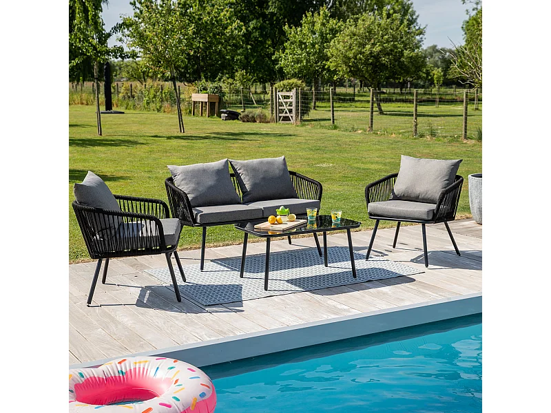 Conjunto de jardín Torino sofá doble + 2 sillas + mesa + cojines gris