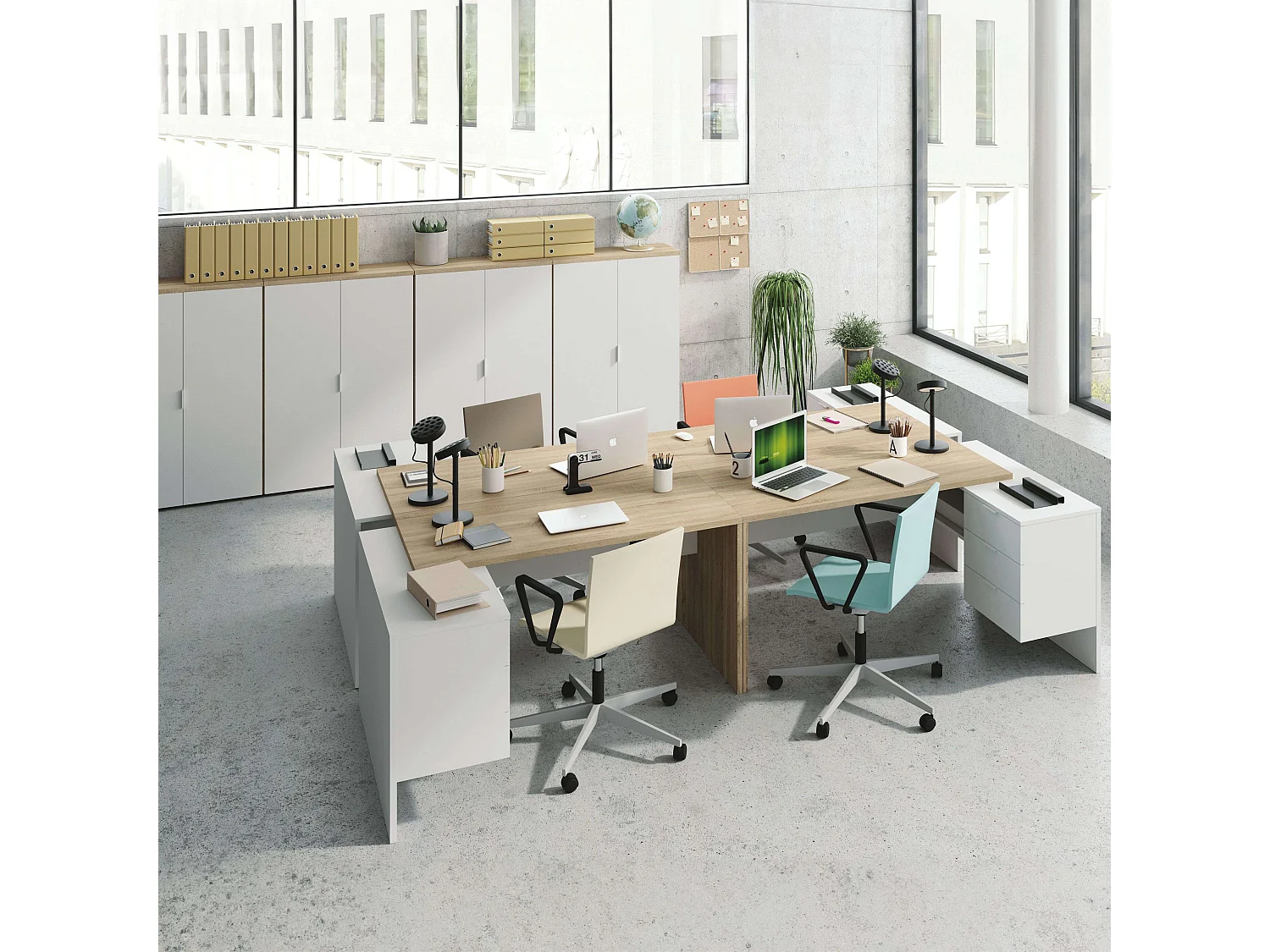 Pack Muebles Oficina: 4 Mesas, 4 Armarios, Blanco & Canadian Moderno