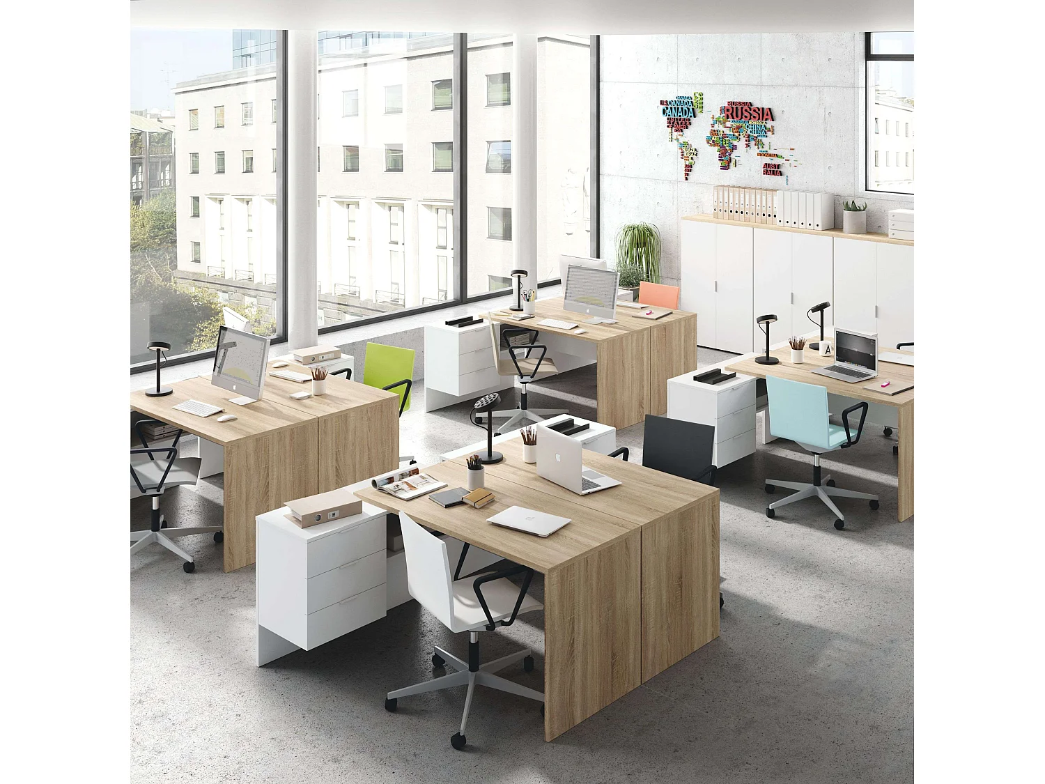 Pack Muebles Oficina: 4 Mesas, 4 Armarios, Blanco & Canadian Moderno