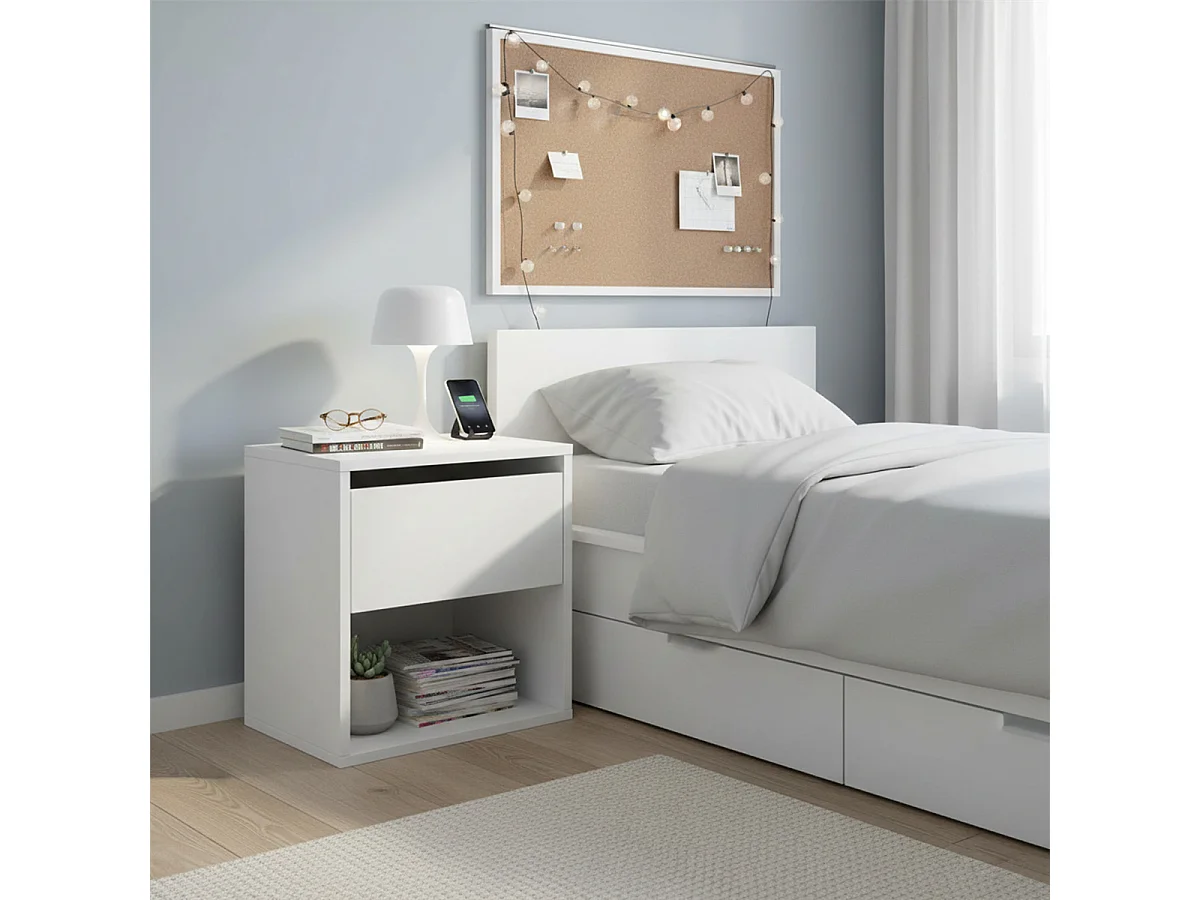 Table de chevet Table de nuit avec 1 tiroir sans poignée et étagère ouverte coloris blanc - Longueur 40 x Hauteur 42 x Profondeur 28 cm