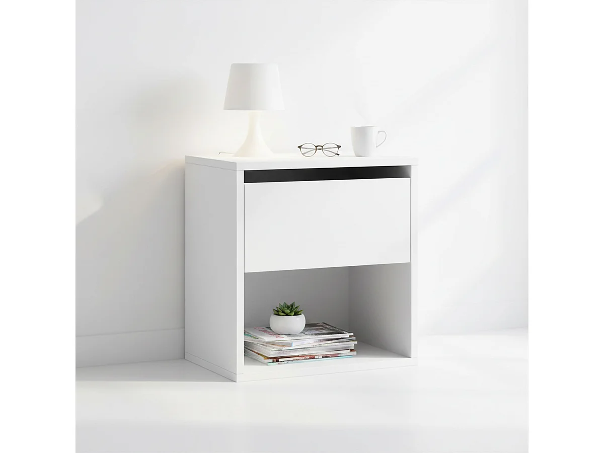 Table de chevet Table de nuit avec 1 tiroir sans poignée et étagère ouverte coloris blanc - Longueur 40 x Hauteur 42 x Profondeur 28 cm