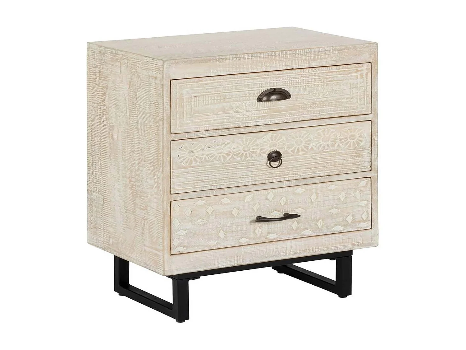 Table de chevet Table de nuit de 3 tiroirs en bois de manguier sculpté coloris blanc- Longueur 49 x Profondeur  33 x Hauteur 73 cm