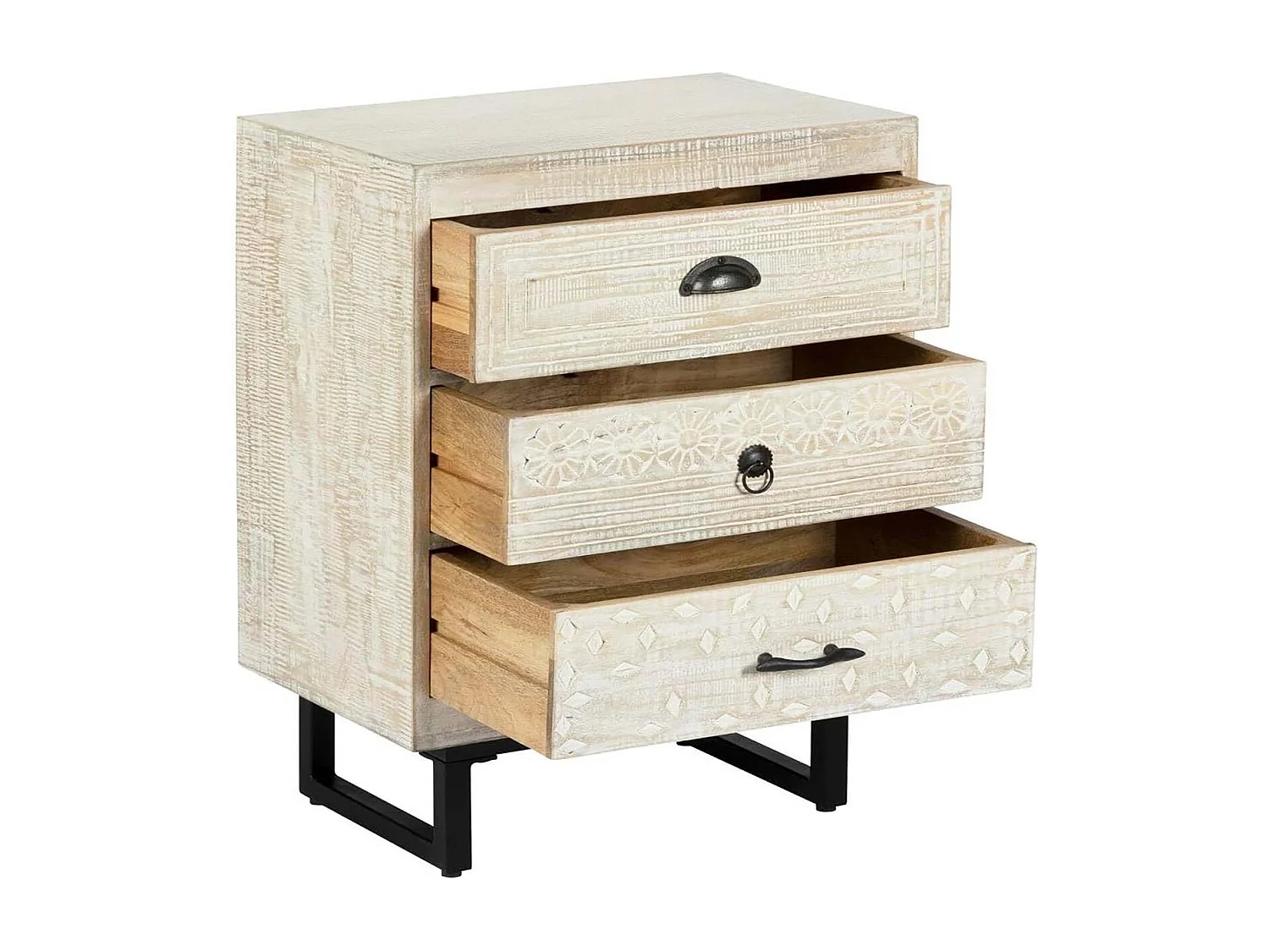 Table de chevet Table de nuit de 3 tiroirs en bois de manguier sculpté coloris blanc- Longueur 49 x Profondeur  33 x Hauteur 73 cm