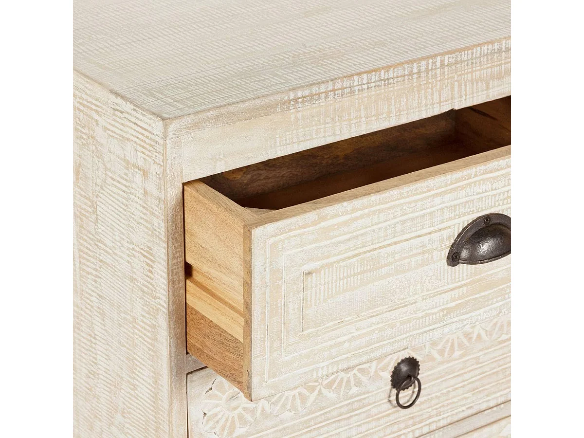 Table de chevet Table de nuit de 3 tiroirs en bois de manguier sculpté coloris blanc- Longueur 49 x Profondeur  33 x Hauteur 73 cm