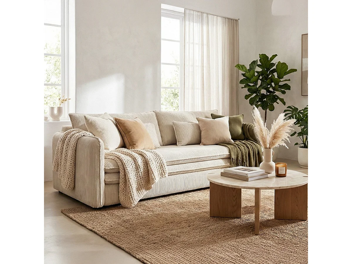 Canapé convertible 3 places en velours côtelé beige - Baya