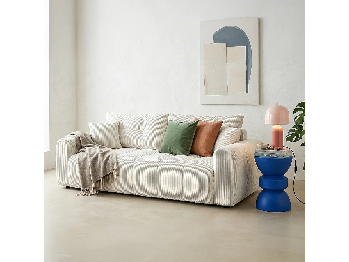 Canapé droit convertible 3 places avec coffre de rangement en velours côtelé beige - Komo