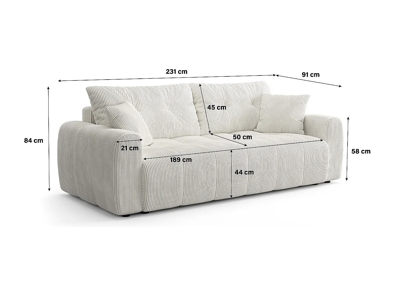 Canapé droit convertible 3 places avec coffre de rangement en velours côtelé beige - Komo
