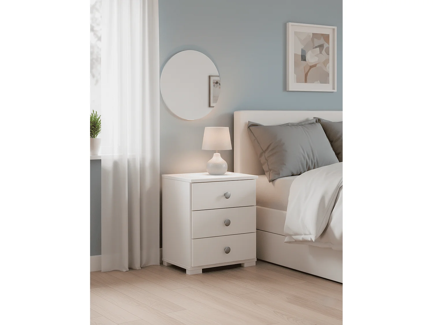 Table de chevet, table de nuit avec 3 tiroirs en pin massif coloris Blanc -  Longueur 50,7 x Hauteur 43,6 x Profondeur 31,5 cm
