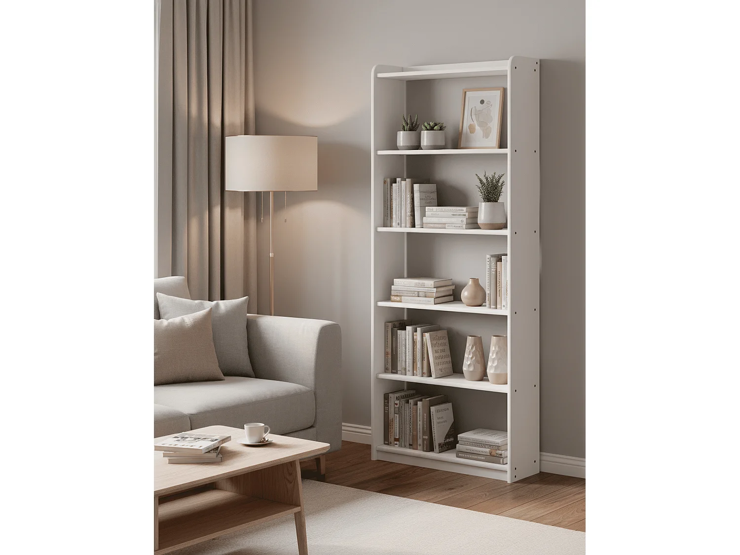 Bibliothèque avec 6 étagères, en pin massif coloris Blanc - Longueur 80 x Hauteur 200 x Profondeur 28 cm