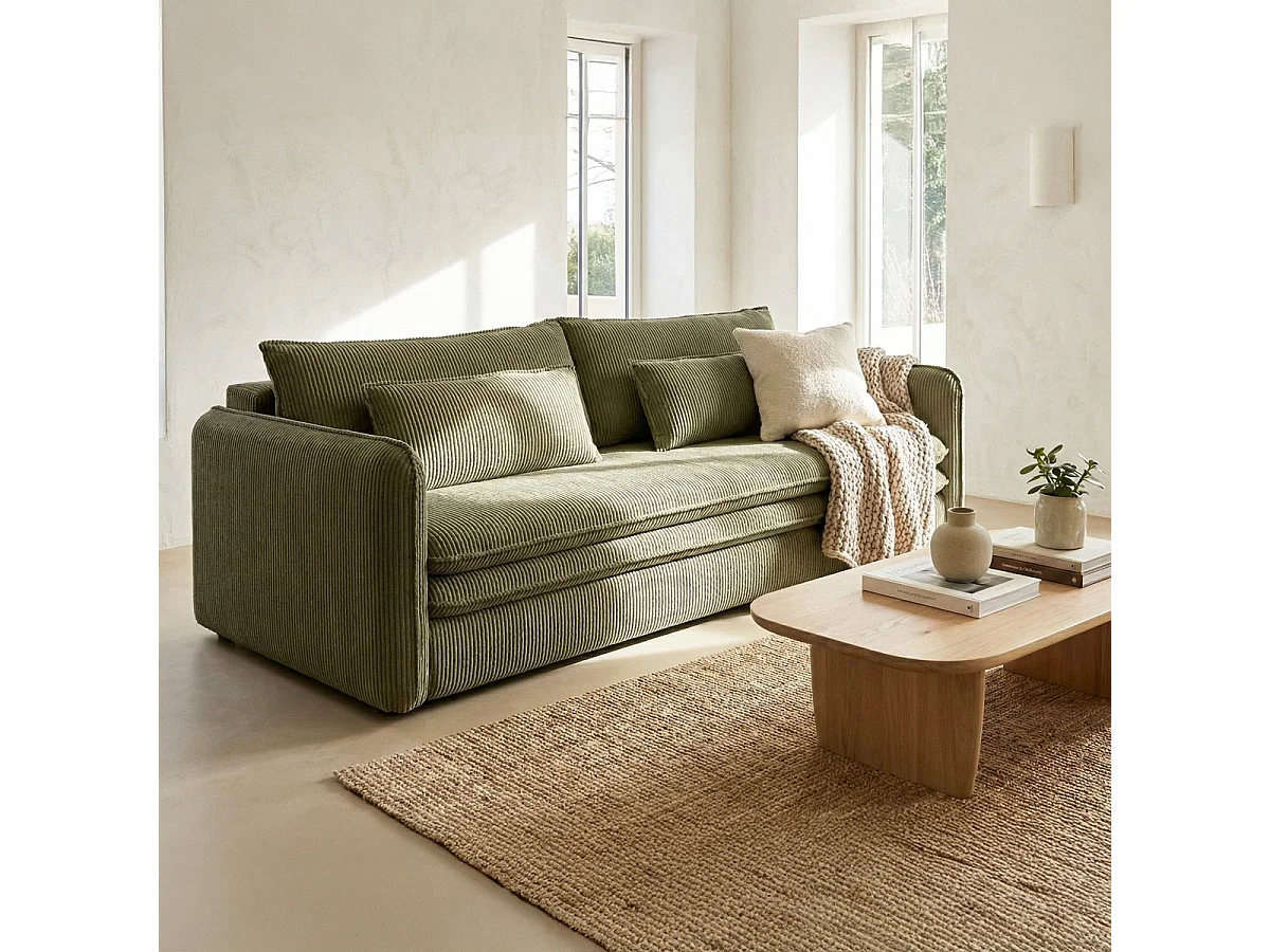 Canapé convertible 3 places en velours côtelé vert kaki - Baya