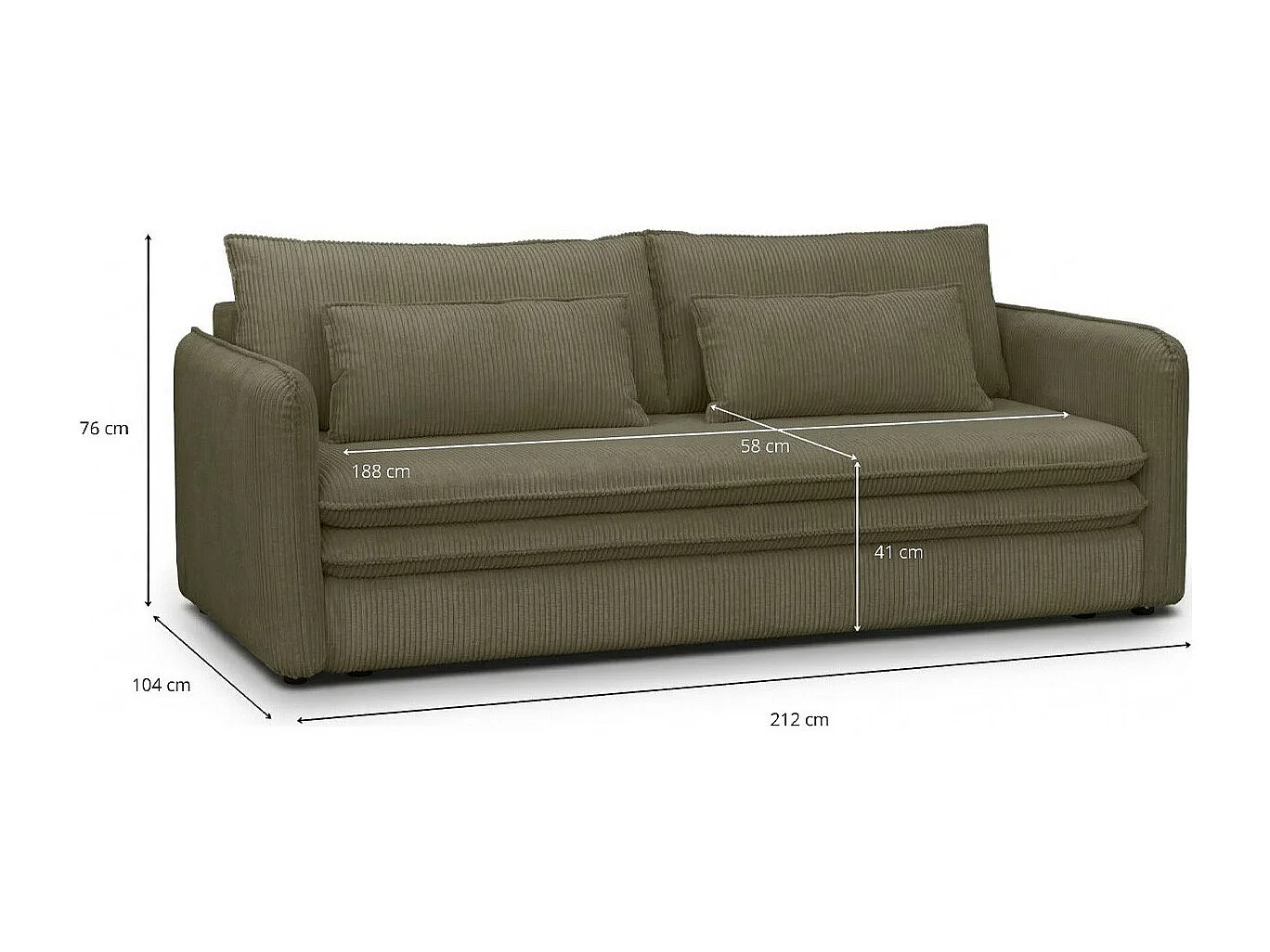 Canapé convertible 3 places en velours côtelé vert kaki - Baya