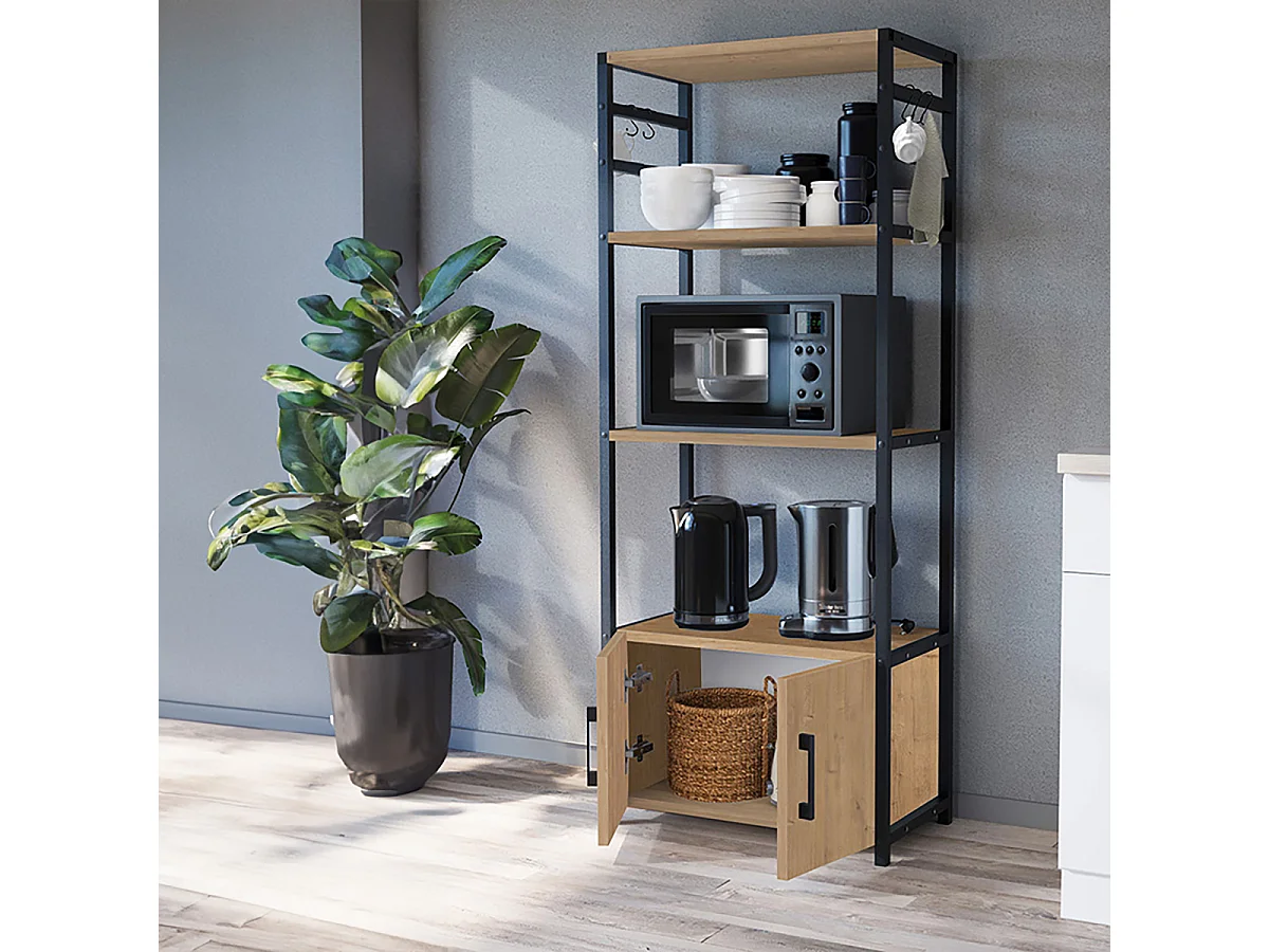 Bibliothèque haute à 4 étagères ouvertes + 2 portes cadre en acier noir - Longueur 56 x Hauteur 138 x Profondeur 30 cm
