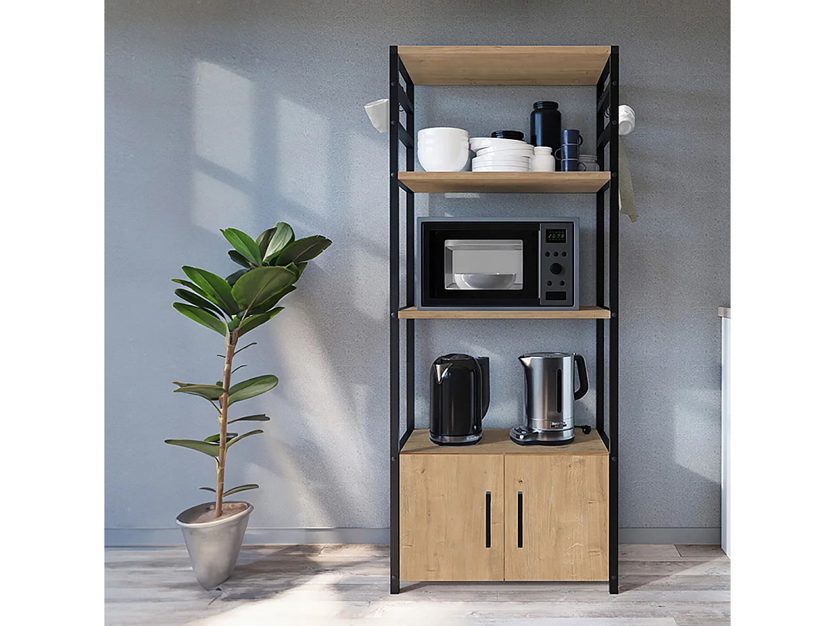 Bibliothèque haute à 4 étagères ouvertes + 2 portes cadre en acier noir - Longueur 56 x Hauteur 138 x Profondeur 30 cm