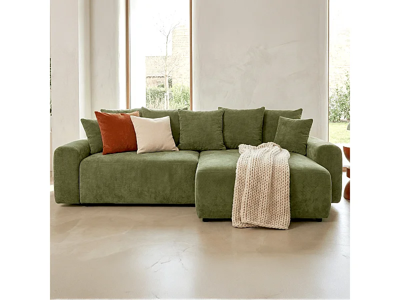Canapé d'angle convertible réversible 4 places avec coffre de rangement en tissu chenille vert olive - Monceau