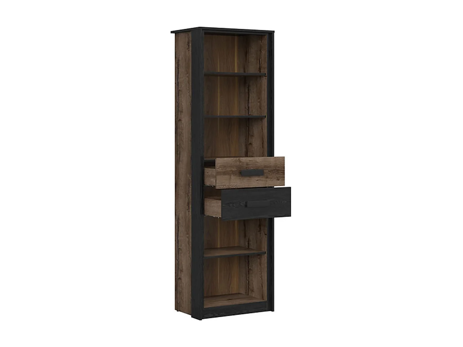 Bibliothèque avec 2 tiroirs et 5 étagères, coloris Chêne marron foncé/Chêne noir - Longueur 60 x Profondeur 41 x Hauteur 195 cm