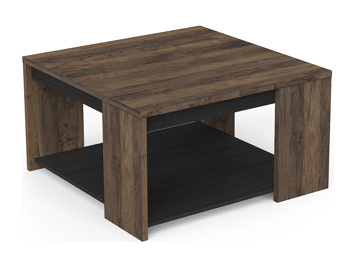 Table basse carrée avec étagère couleur chêne foncé / noir - Largeur 80 x Profondeur 80 x Hauteur 44,2 cm